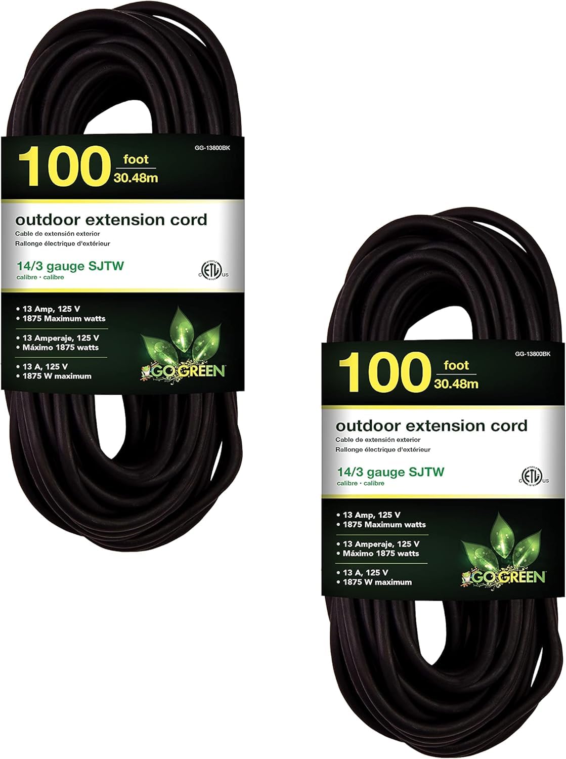 GoGreen Power Inc. (G-13800BK-2) 14/3 100 Heavy Duty Extension Cord - Black, 100ft, 2 Pack