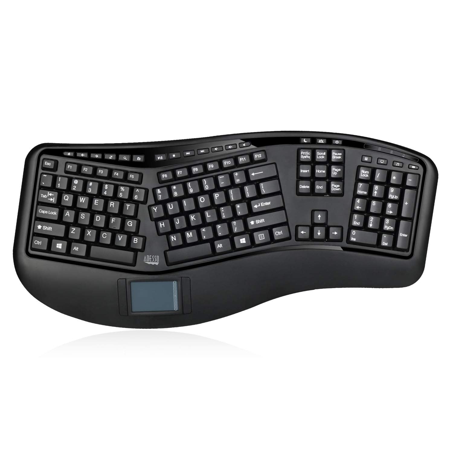 Adesso WKB-4500UB - Wireless Ergonomic Desktop Touchpad Keyboard, Split Keys Design, Palm Rest, Media Control Hotkeys, Long Batt