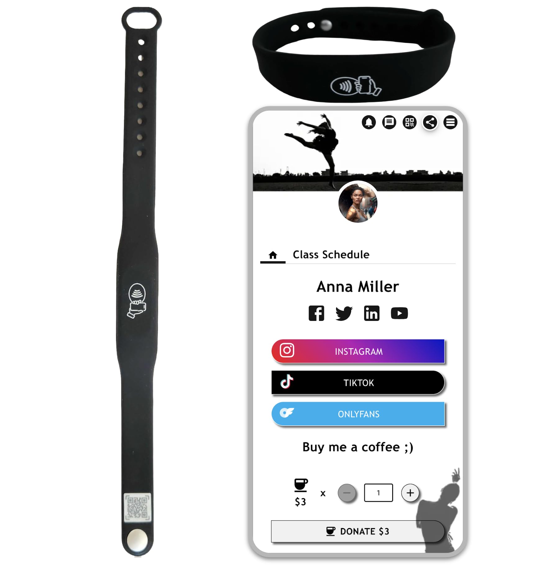 Tap Wrist Band - NFC Tags Digital Business Card - Tap NFC & Scan QR code Bracelet - No Fee, No Subscription - Works on iPhone, A