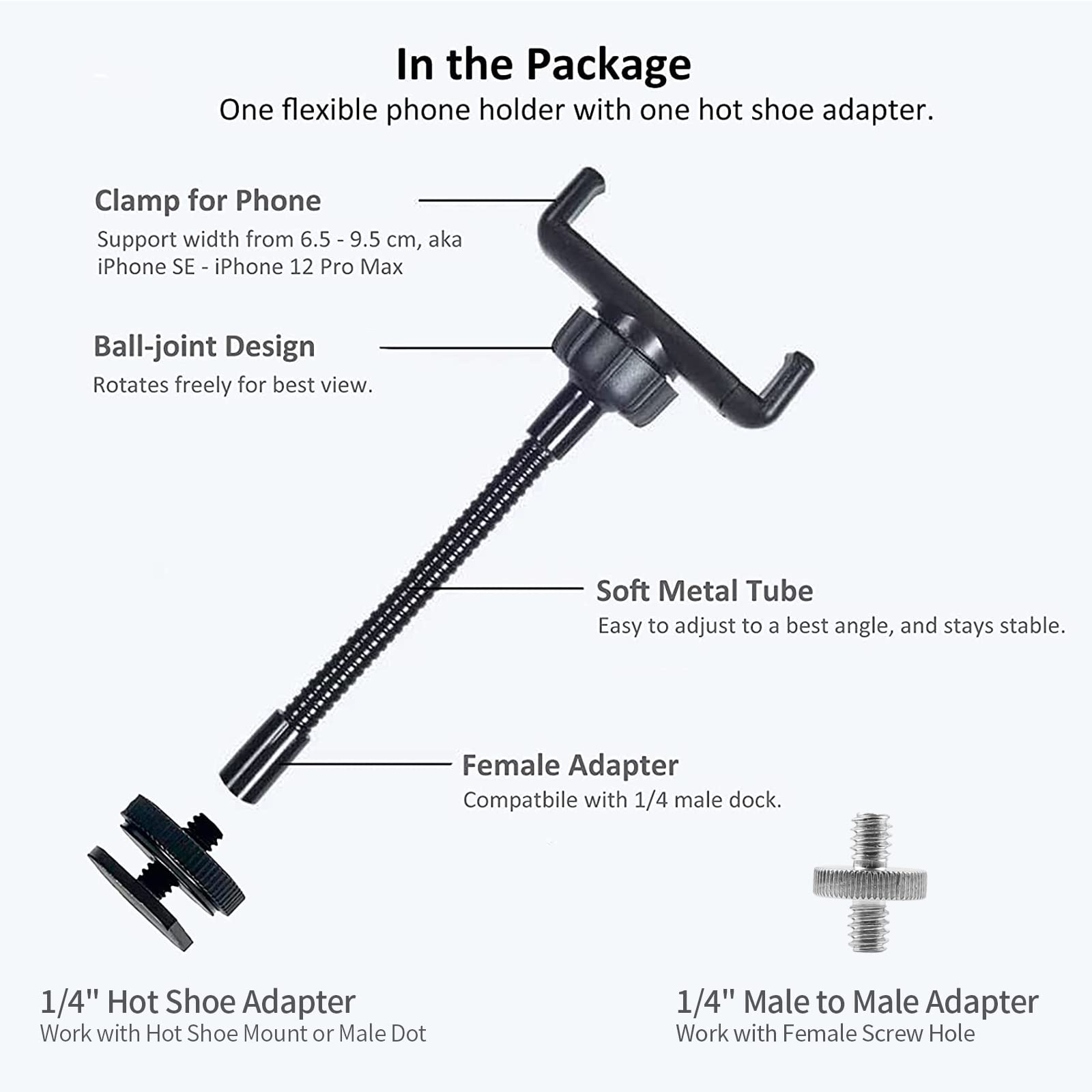 [2-Pack] Phone Holder For Ring Light And Tripod Stand With 1/4 And Hot Shoe Adapter, Flexible Phone Tripod Mount Adapter (Black+