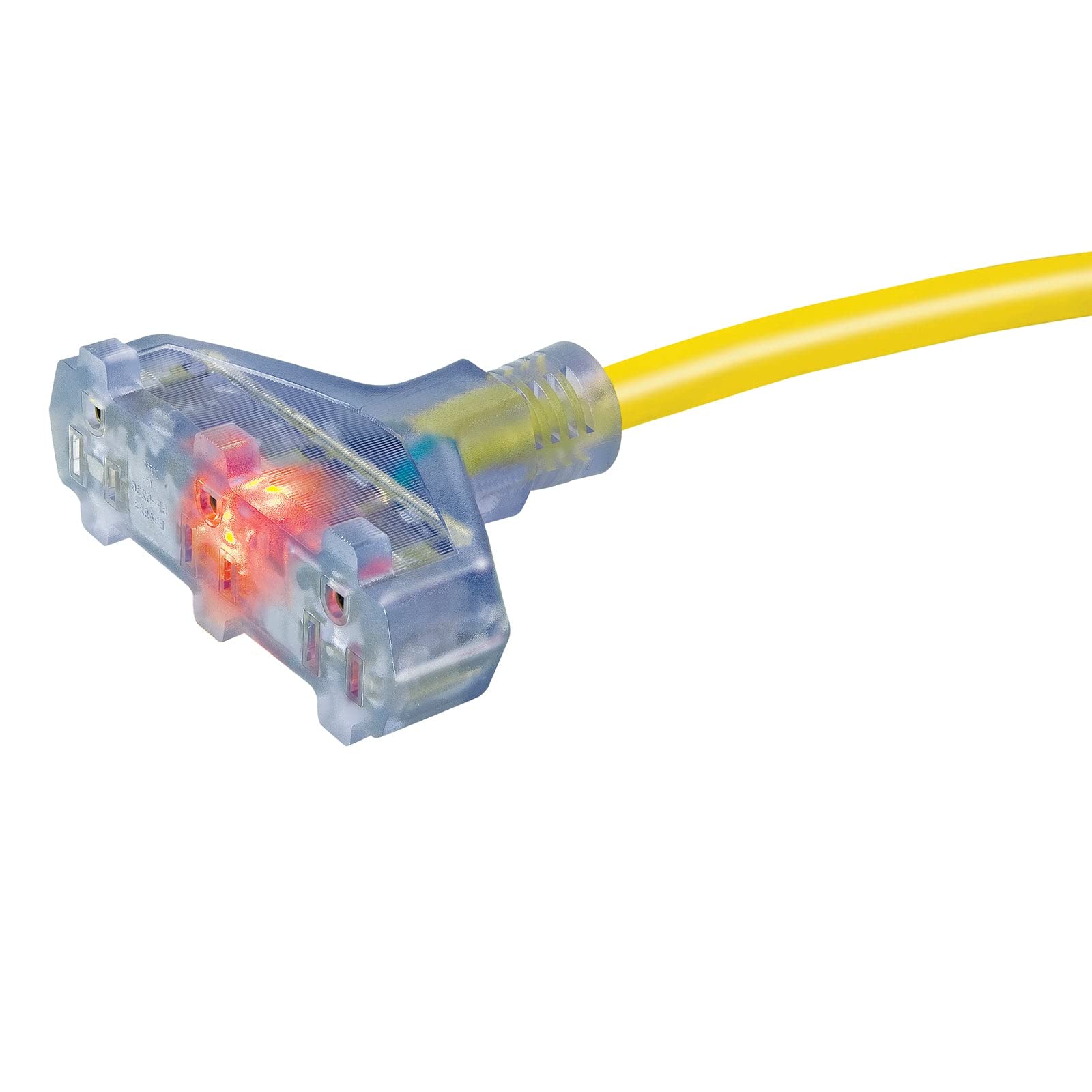 Clear Power 50 Ft 3 Outlet Heavy Duty Outdoor Extension Cord 12/3 Sjtow, Yellow, Water & Weather Resistant Flame Retardant, Powe
