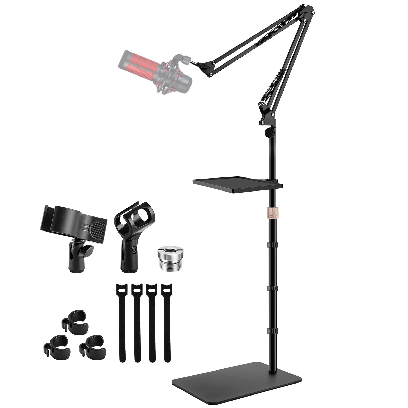 BILIONE Microphone Stand Floor with Tray & Boom Arm, 5.5lbs Weighted Base, Height Adjustable Studio/Podcast Mic Stand w/ 3/8 t