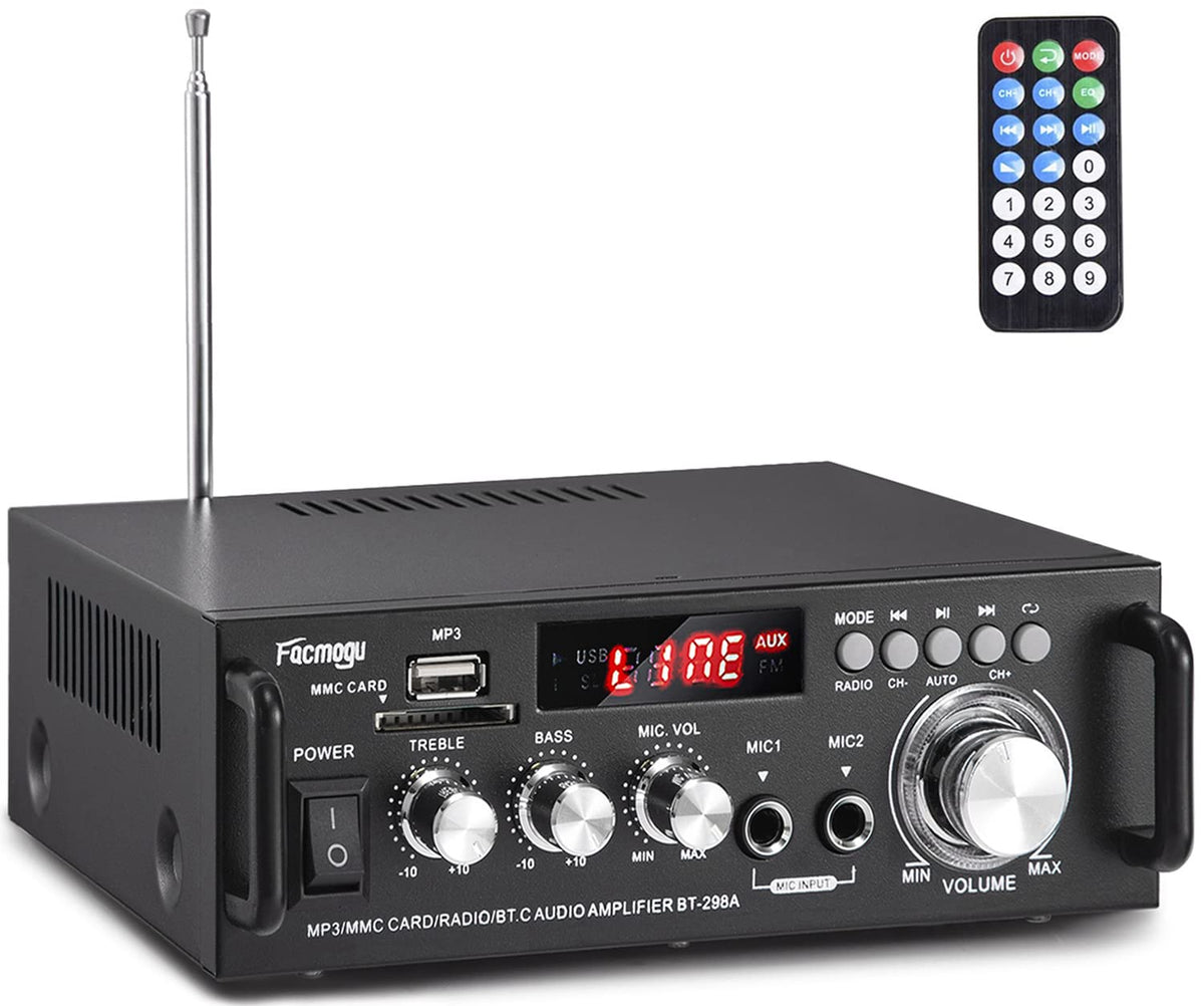 Facmogu 298A Max 300Wx2 Wireless Bluetooth 5.0 Stereo Audio Amplifier, Rms 40Wx2 Power Amp 2 Channel Stereo Receiver For Home Theater Speakers, Bass & Treble Control, Usb/Sd/Rca/Mic/Fm In, Remote