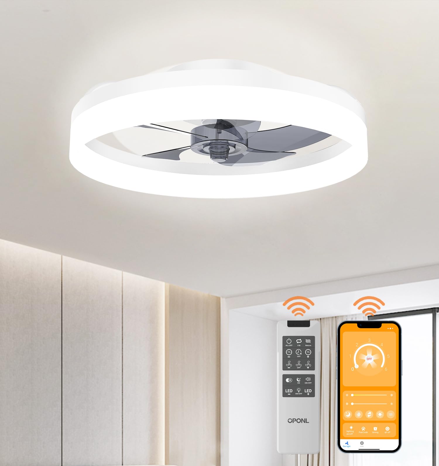 OPONL 19.7 White Ceiling Fan with Light and Remote, Dimmable, 3000k-6000k 6CCT, 6 Winds Speeds, Flush Mount, Low Profile, Bladel