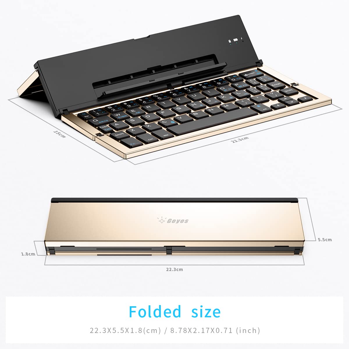 Geyes Folding Bluetooth Keyboard, Wireless Foldable Keyboard With Portable Pocket Size, Aluminum Alloy Housing, Carrying Pouch, For Ipad, Iphone, And More Tablets, Laptops And Smartphones(Gold)