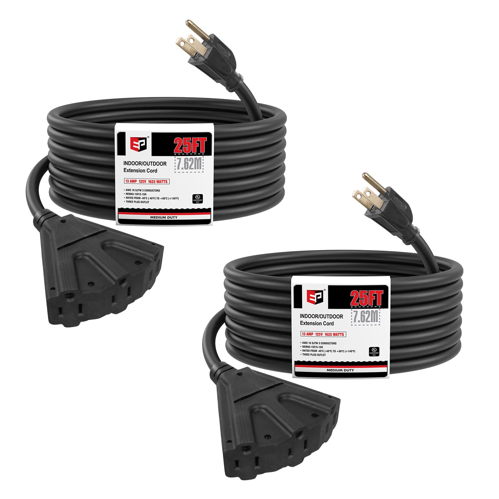 Ep 2 Pack 25 Ft Outdoor Extension Cord With 3 Electrical Power Outlets   16/3 Sjtw Black Cable With 3 Prong Grounded Plug For Sa