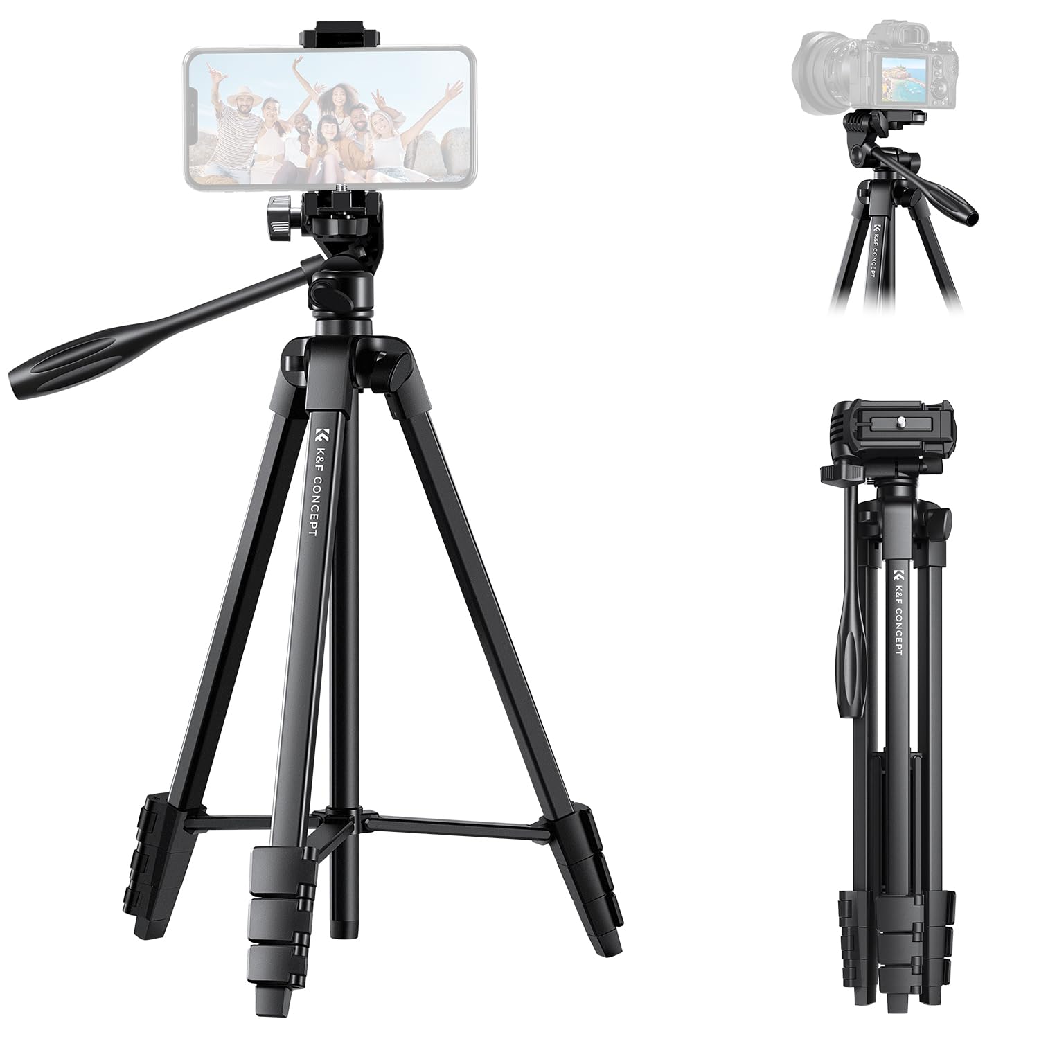 K&F Concept 60'' Camera Phone Tripod Stand, 1.34 Lbs Ultra Lightweight With Remote And Cellphone Holder, 360� Panorama, Cold Shoe Interface, Portable For Travel   B174A1