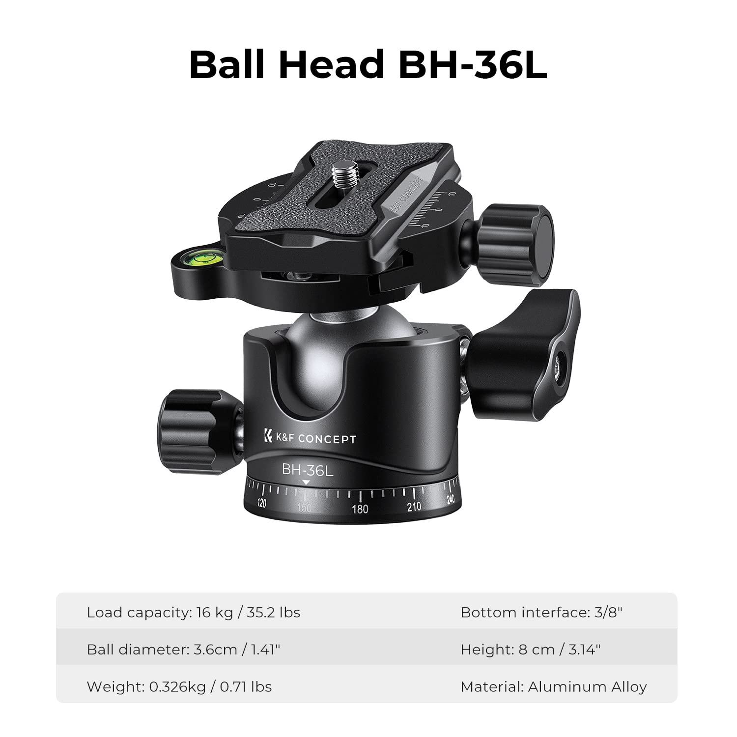 K&F Concept 67 Inch Camera Tripod Horizontal Aluminum Tripods Portable Monopod With 32Mm Ball Head 12Kg Load Capacity Quick Release Plate, For Travel And Work T255A4+Bh 32L(Gray)