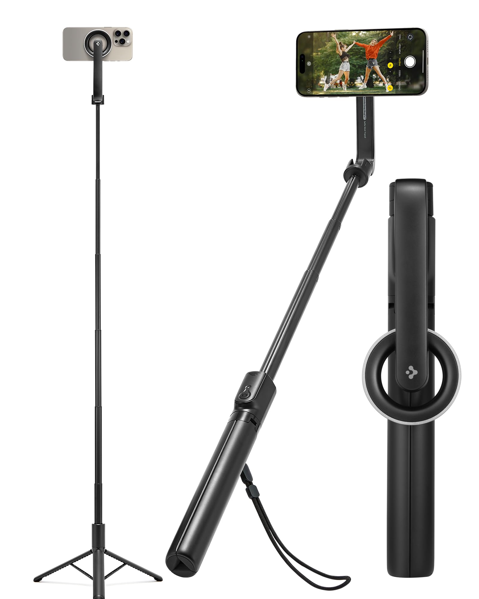 Spigen Selfie Stick Tripod Stand with Bluetooth Remote Control Shutter 47 Extendable Holder Compatible with MagSafe iPhone 17/16