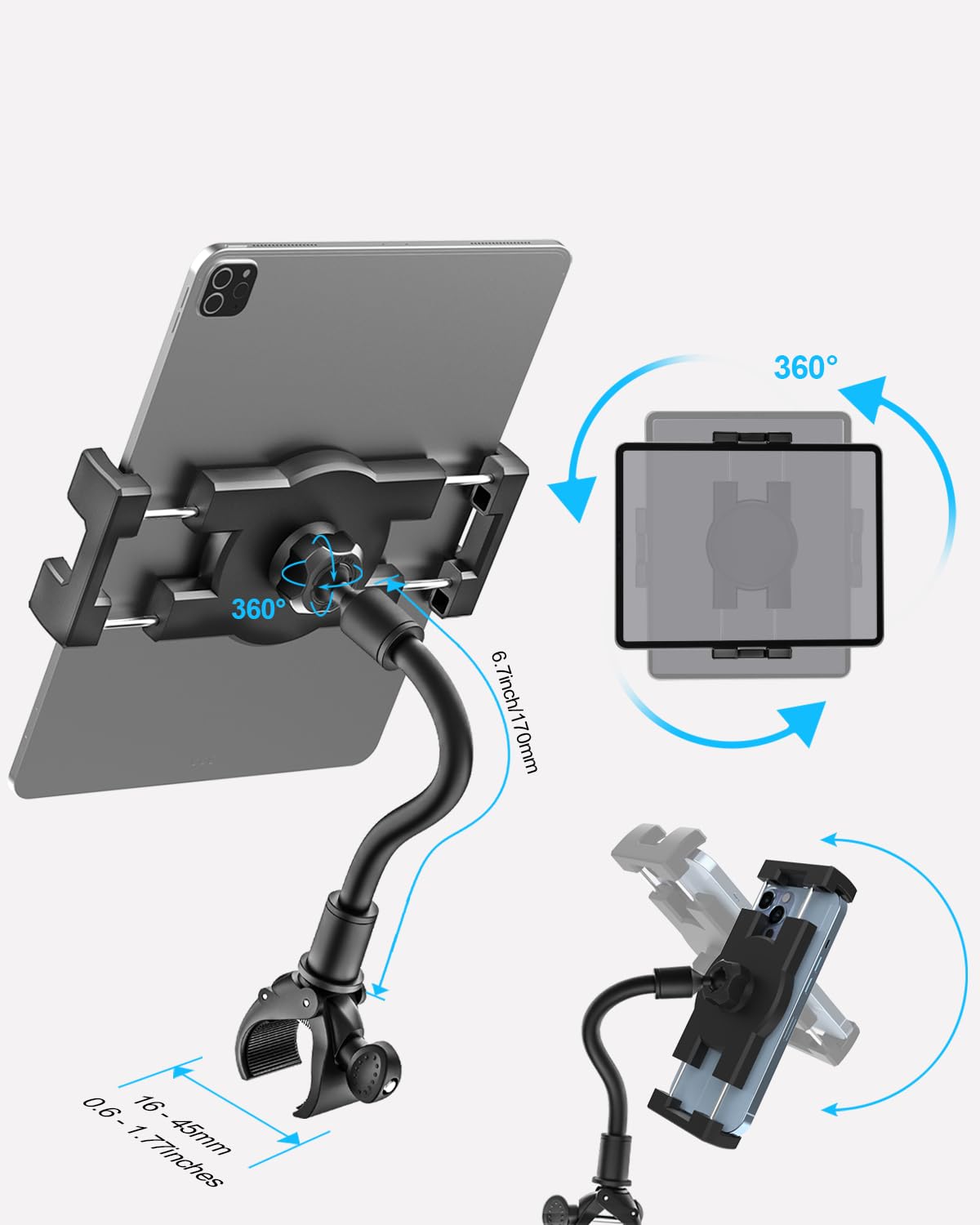 Gooseneck Ipad Holder For Stroller, Adjustable Phone Tablet Holder Mount Pole Clamp For Baby Stroller, Shopping Cart, Indoor Cyc