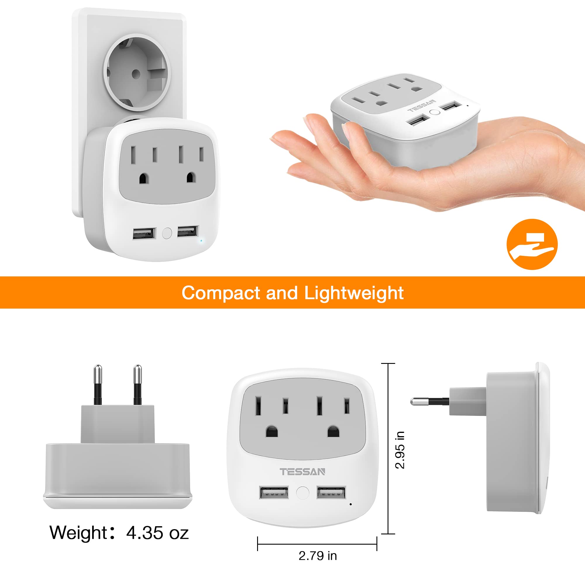 European Travel Plug Adapter Converter, Tessan International Power Plug Converter With 2 Usb, Type C Outlet Adaptor Charger For