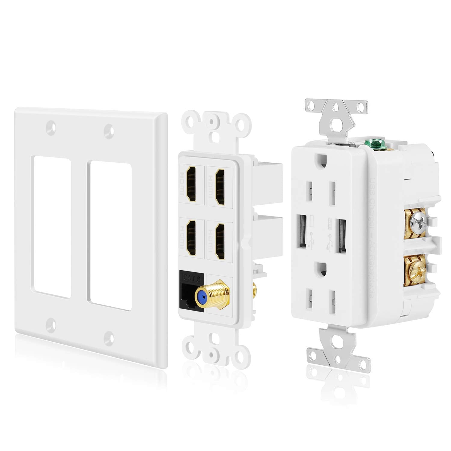Tnp Multimedia Outlet Box (White)   Hdmi Outlet Wall Plate With Usb Charging, Usb Wall Plate Charger And Power Outlet 15A, 4 Hdm