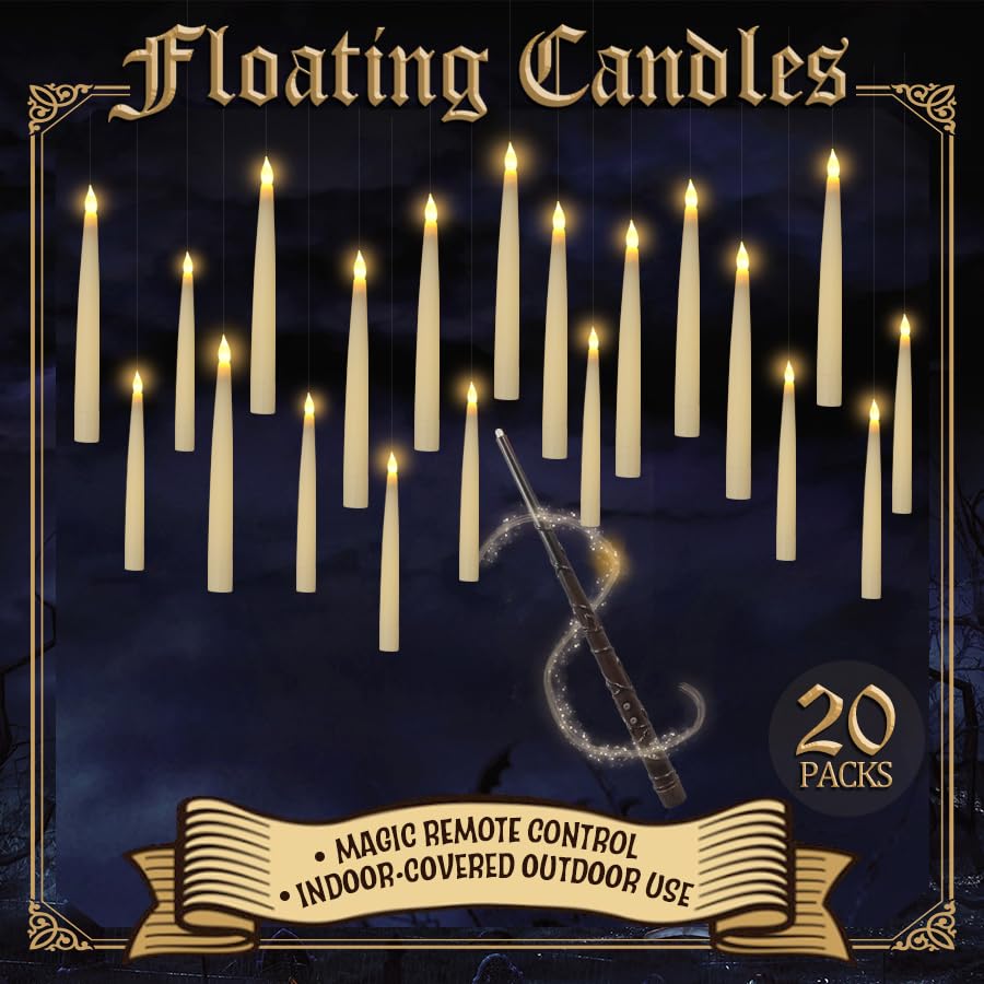 Hemeiyu 20Pcs Halloween Flameless Led Floating Candles With Magic Wand Remote   Floating Hanging Home Decorations For A Spooky A