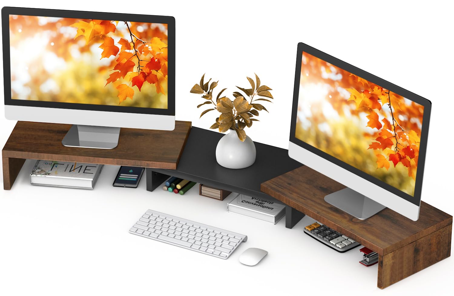 Tavr Dual Monitor Stand Riser, Computer Monitor Stands For 2 Monitors, Extra Long Multifunctional Desktop Organizer Riser For Co