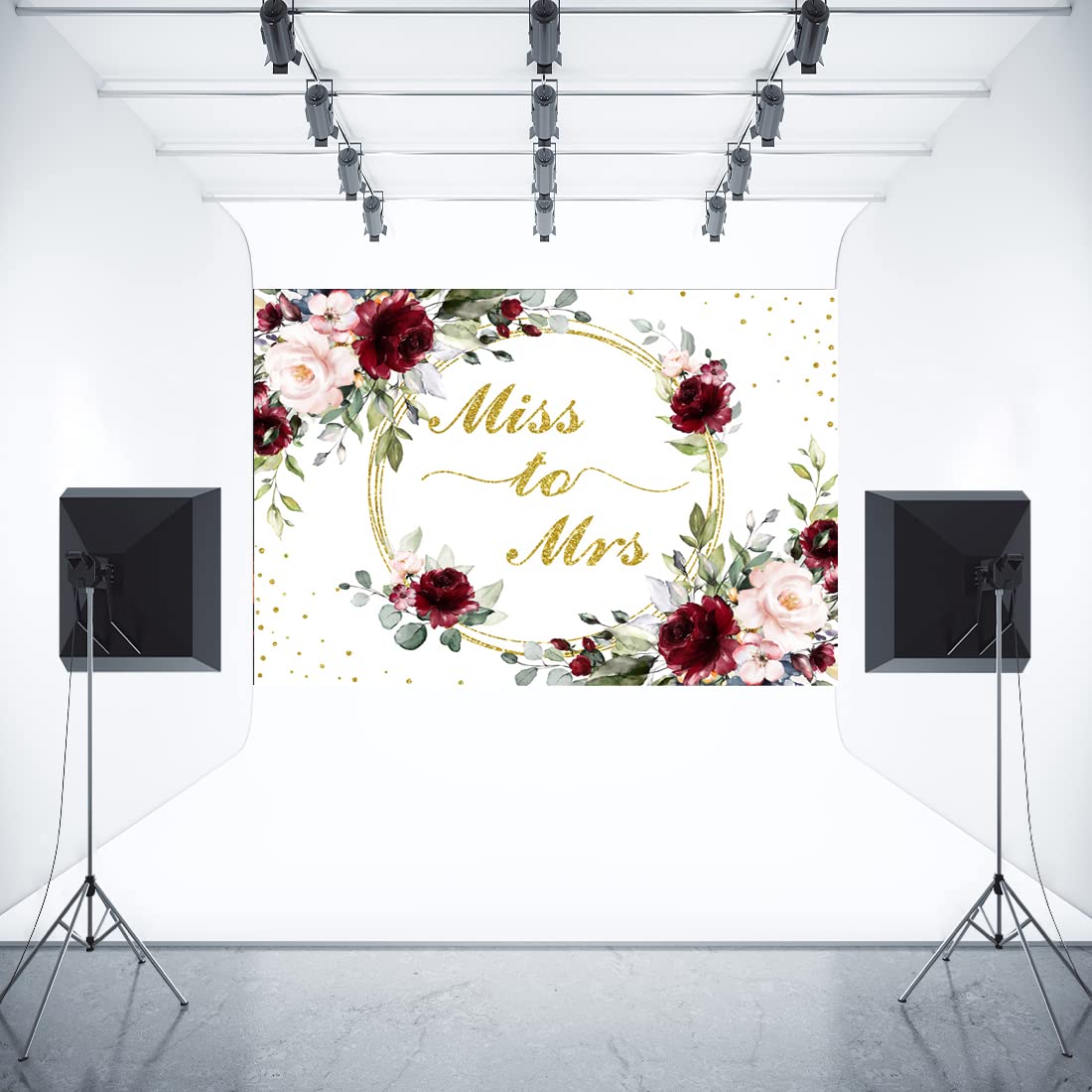 Aperturee 7X5Ft Miss To Mrs Bridal Shower Backdrop Bride To Be Pink Burgundy Floral Green Leaves Engagement Wedding Shower Couples Photography Background Party Decorations Banner Photo Booth Studio