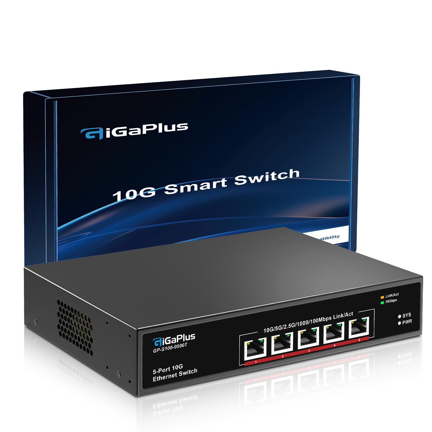 5 Port 10Gb Ethernet Switch Unmanaged With 5 X 10G Rj45 Ports, Gigaplus 10Gbe Network Switch Easy For 10G Nas, Pc, Wifi7 Routers