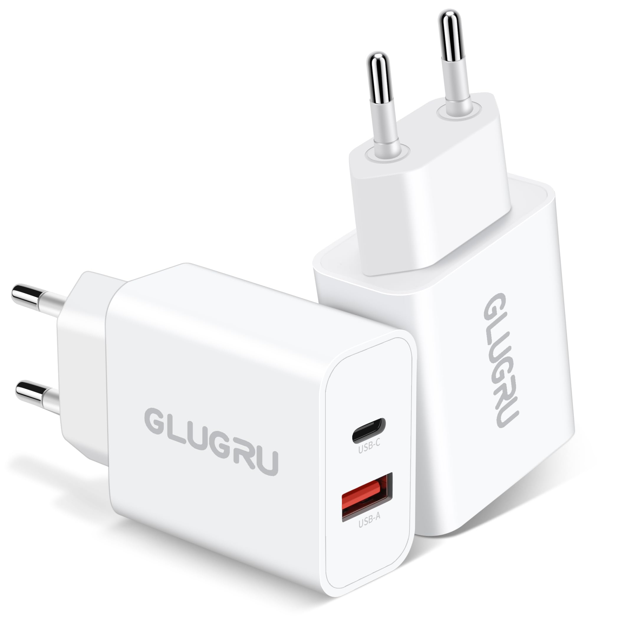 European Travel Plug Adapter, GLUGRU 2-Pack 20W Dual Port USB C Wall Charger Type C Fast Charging Block International Power Adap