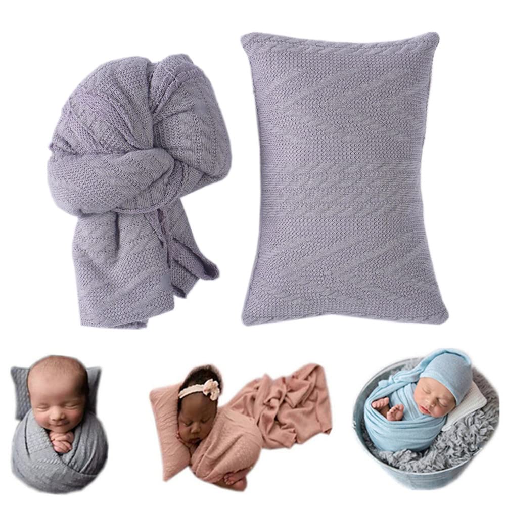 Coberllus Newborn Photography Props Blanket Stretch Knitted Twist Wrap & Posing Pillow Prop For Baby Boys Girls Photo Shoot Set