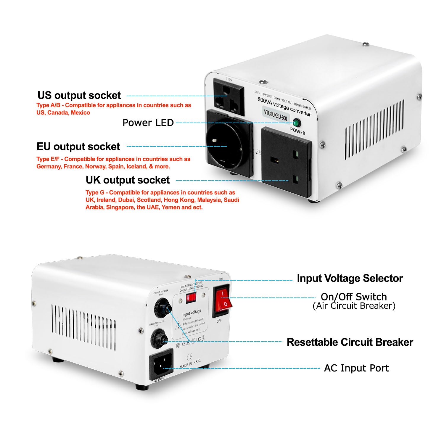 Yinleader 800W Step Up & Step Down Voltage Converter Transformer Convert 110V/120V To 220V/240V Or From 220V/240V To 110V/120V F