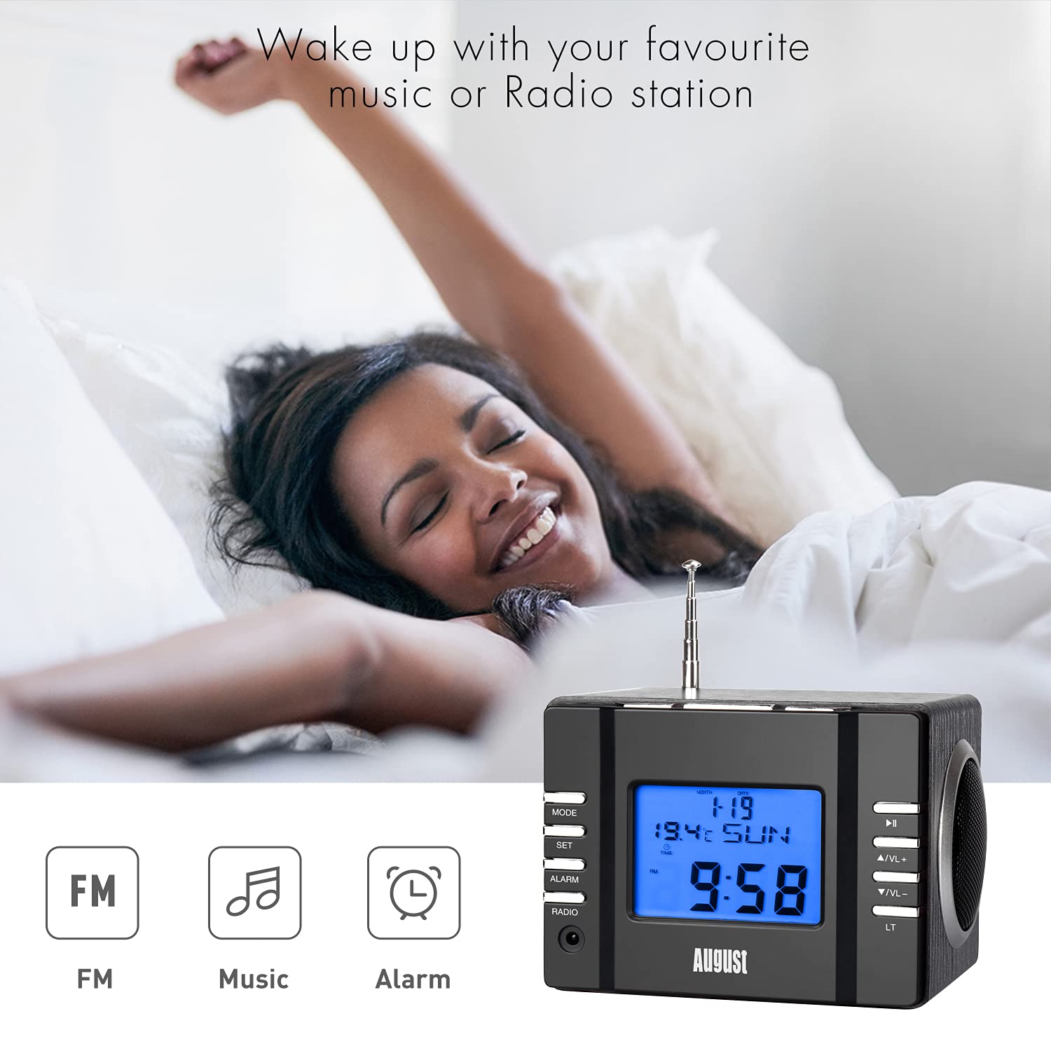 August Mb300 Mini Wooden Mp3 Stereo System And Fm Clock Radio, With Card Reader, Usb Port & Aux Jack (3.5Mm Audio In), 2 X 3W Po