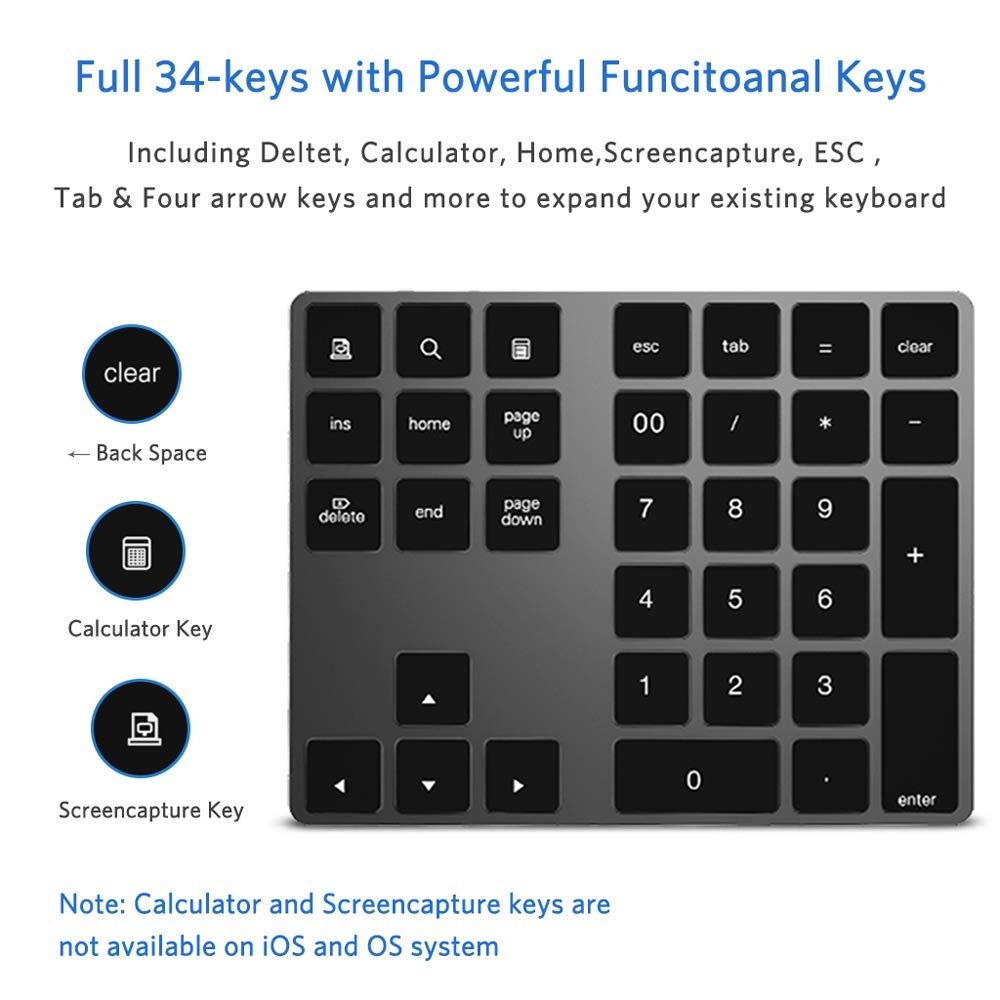 Joyeky Bluetooth Number Pad, Wireless Numeric Keypad, Usb C Rechargeable External 34 Keys Numpad, Financial Data Entry Keyboard