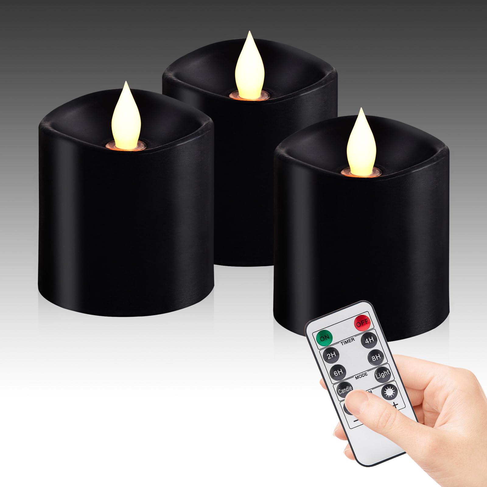 Woocodowe 3inch Black Pillar Flameless Candles - 3D Flickering, Remote Timer, Battery Operated, 600+ Hours, Halloween & Gothic T