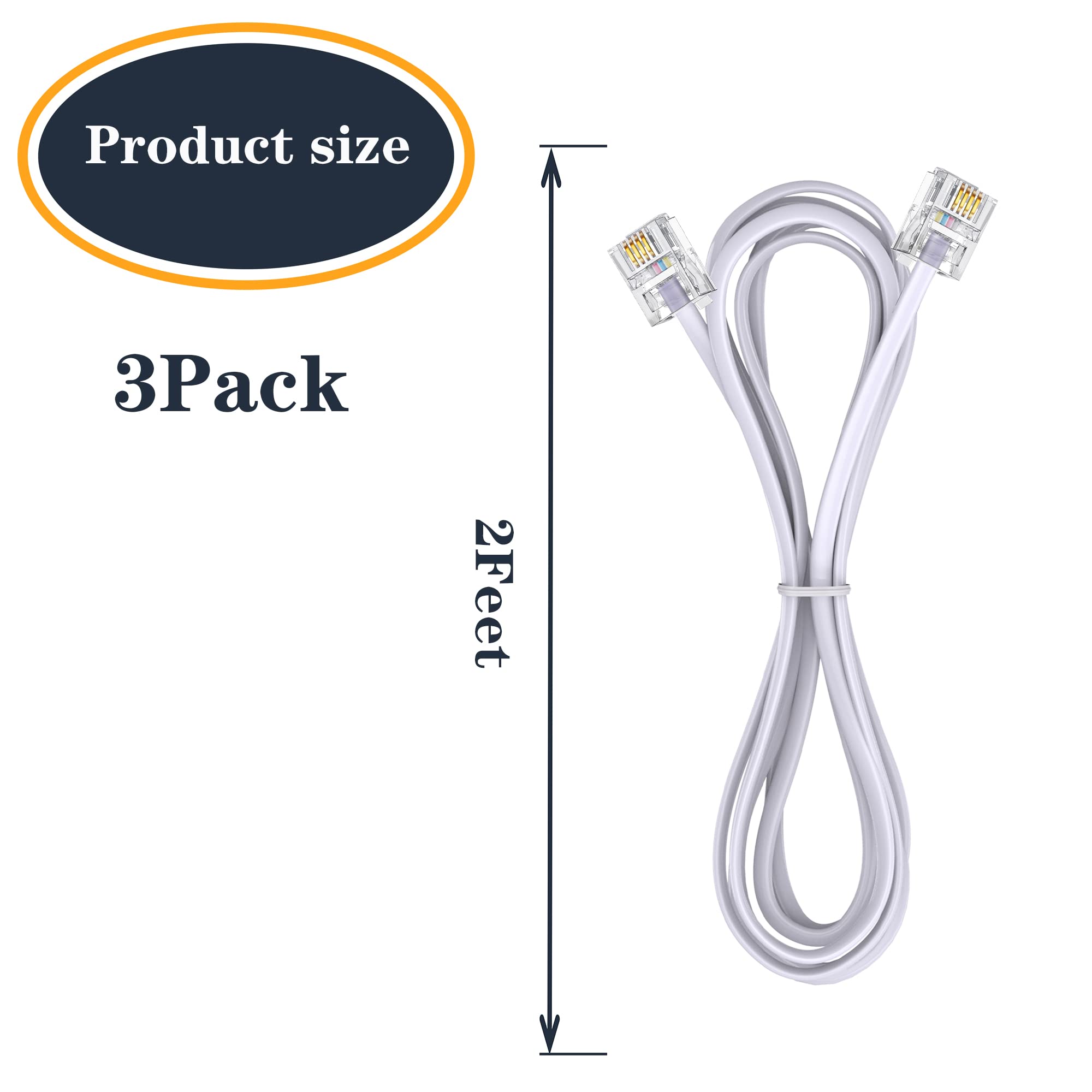 Ubramac 3Pack Phone Telephone Extension Cord 6 Inch Cable Line With Standard Rj11 6P4C Plugs For Landline Phone And Fax (3, Whit
