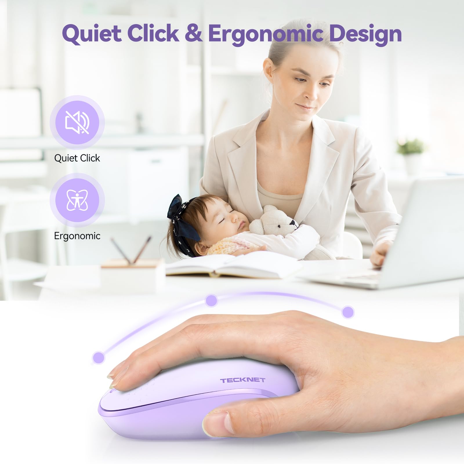 Tecknet Wireless Mouse, 2.4G Quiet Computer Mouse With Usb Receiver, 4 Buttons Portable Cordless Mice For Chromebook, Laptop, Pc, Mac, 800/1200/1600 Dpi   Purple