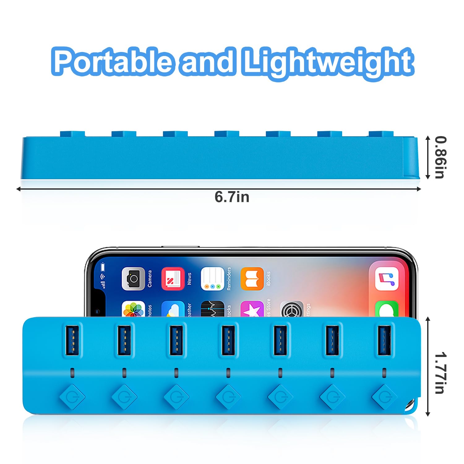 Onfinio Usb Hub 3.0, 7 Port Usb Hub Splitter With Individual On/Off Switches And Lights, 3.2Ft/1M Long Cable Compatible With Macbook, Laptop, Surface Pro, Ps4, Pc, Flash Drive, Mobile Hdd Blue