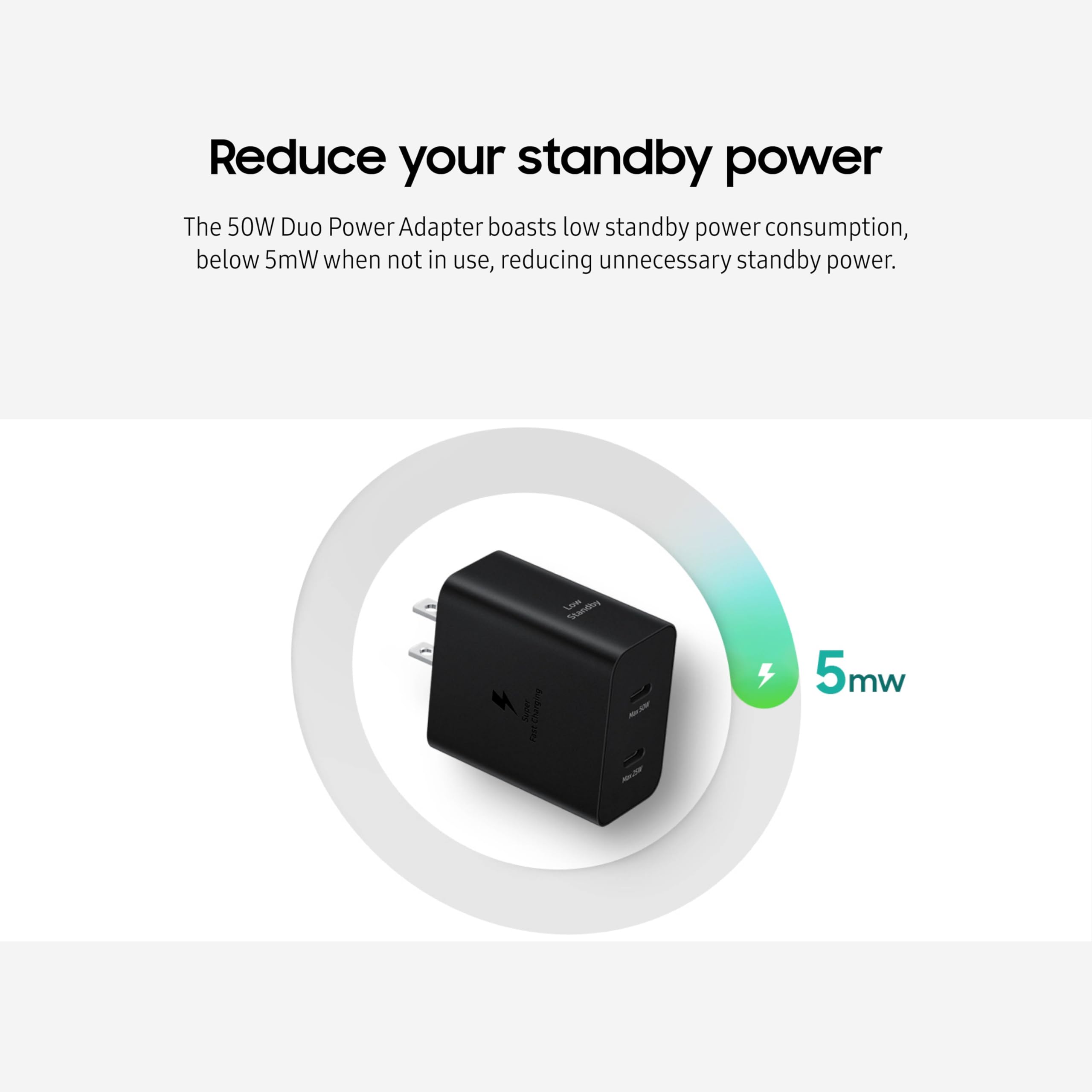 SAMSUNG 50W Duo Power Adapter Wall Charger, 2 Ports, Super Fast Charging 2.0, USB Type C, Black, EP-T5020XBEGUS