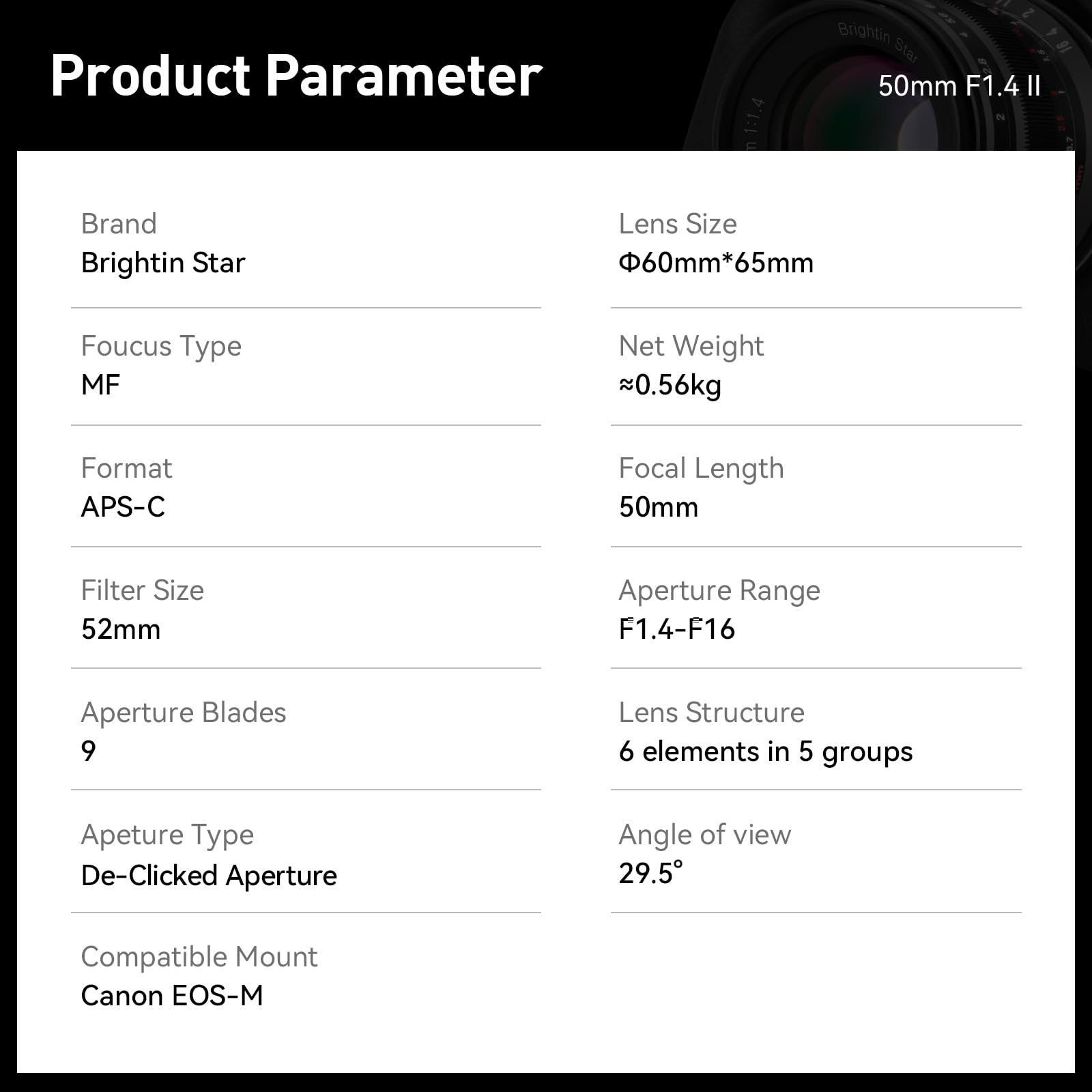 Brightin Star 50Mm F1.4 Big Aperture Aps C Manual Focus Mirrorless Camera Lens, Fit For Canon Eos M Mount M, M2, M3, M5, M6, M10