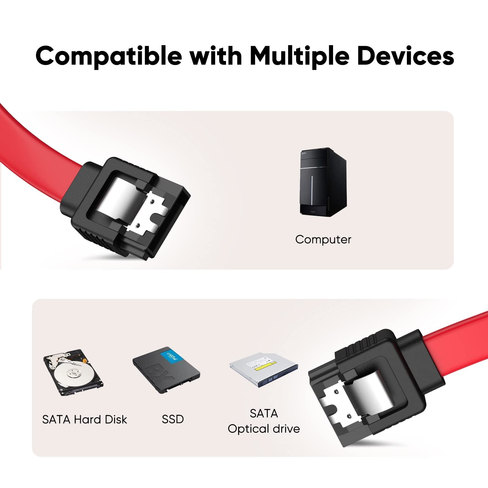 Cablecreation Sata Iii Cable, [5 Pack] 18 Inch Sata Iii 6.0 Gbps 7Pin Female To Female Data Cable With Locking Latch, Red