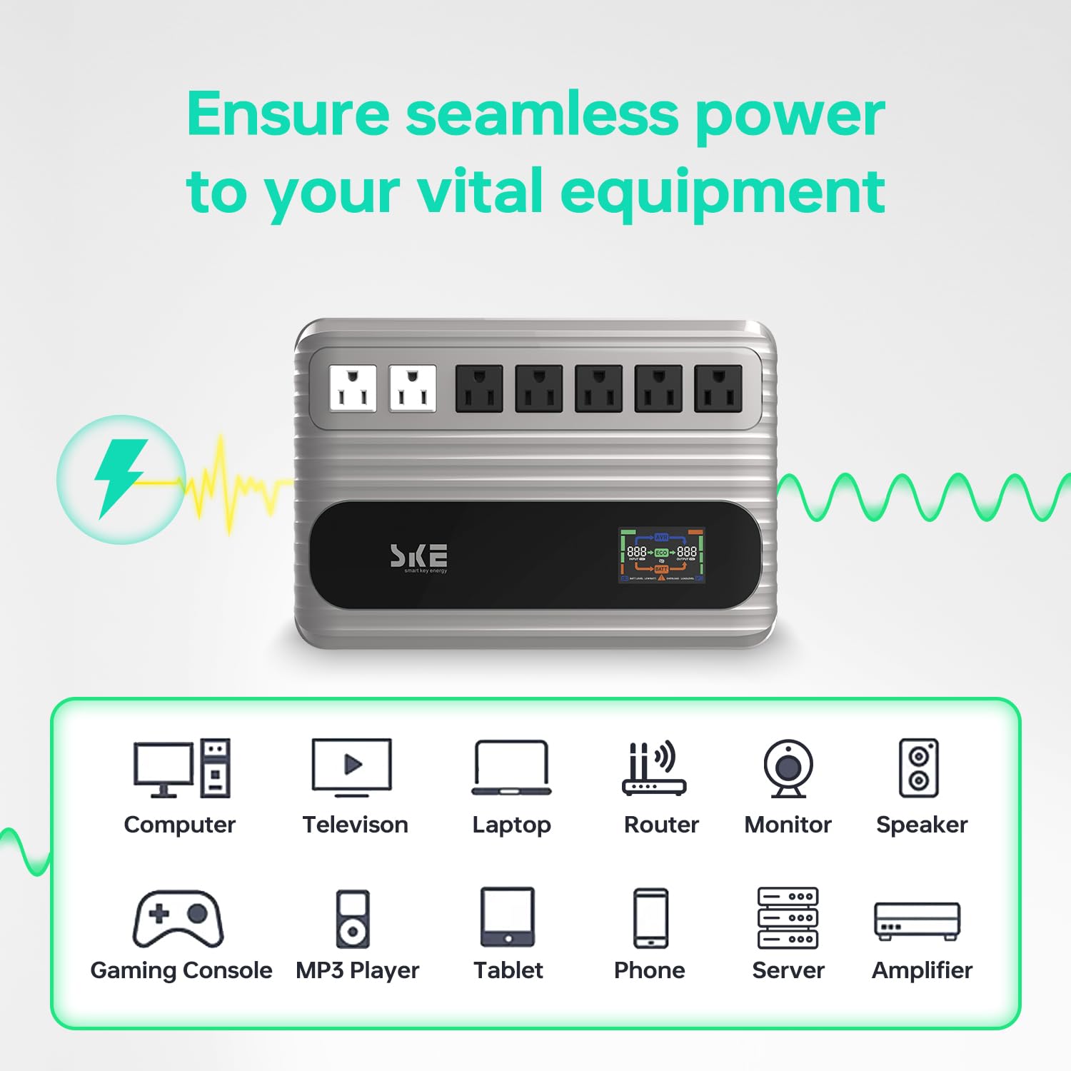 Ske Ups 850Va/480W Battery Backup & Surge Protector For Conmputer,Vertical And Horizontal Placement Uninterruptible Power Supply