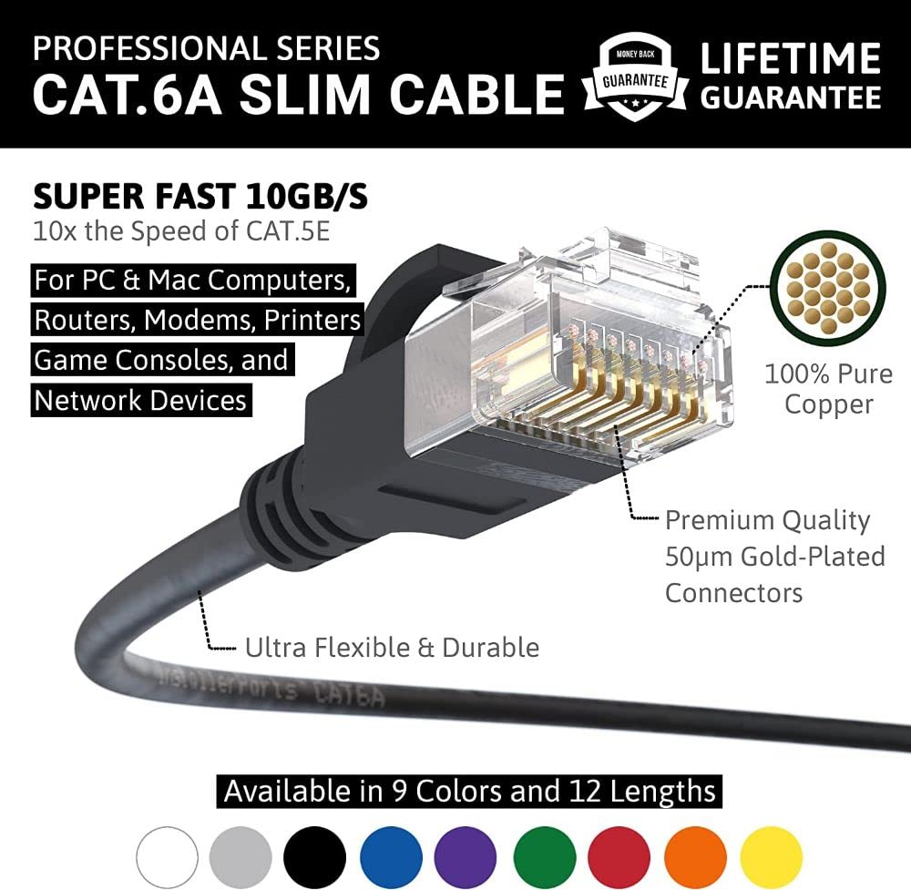 Installerparts Ethernet Cable Cat6A Slim Cable Utp Booted 1.5 Ft (5 Pack)   Black   Professional Series   10Gigabit/Sec Network/