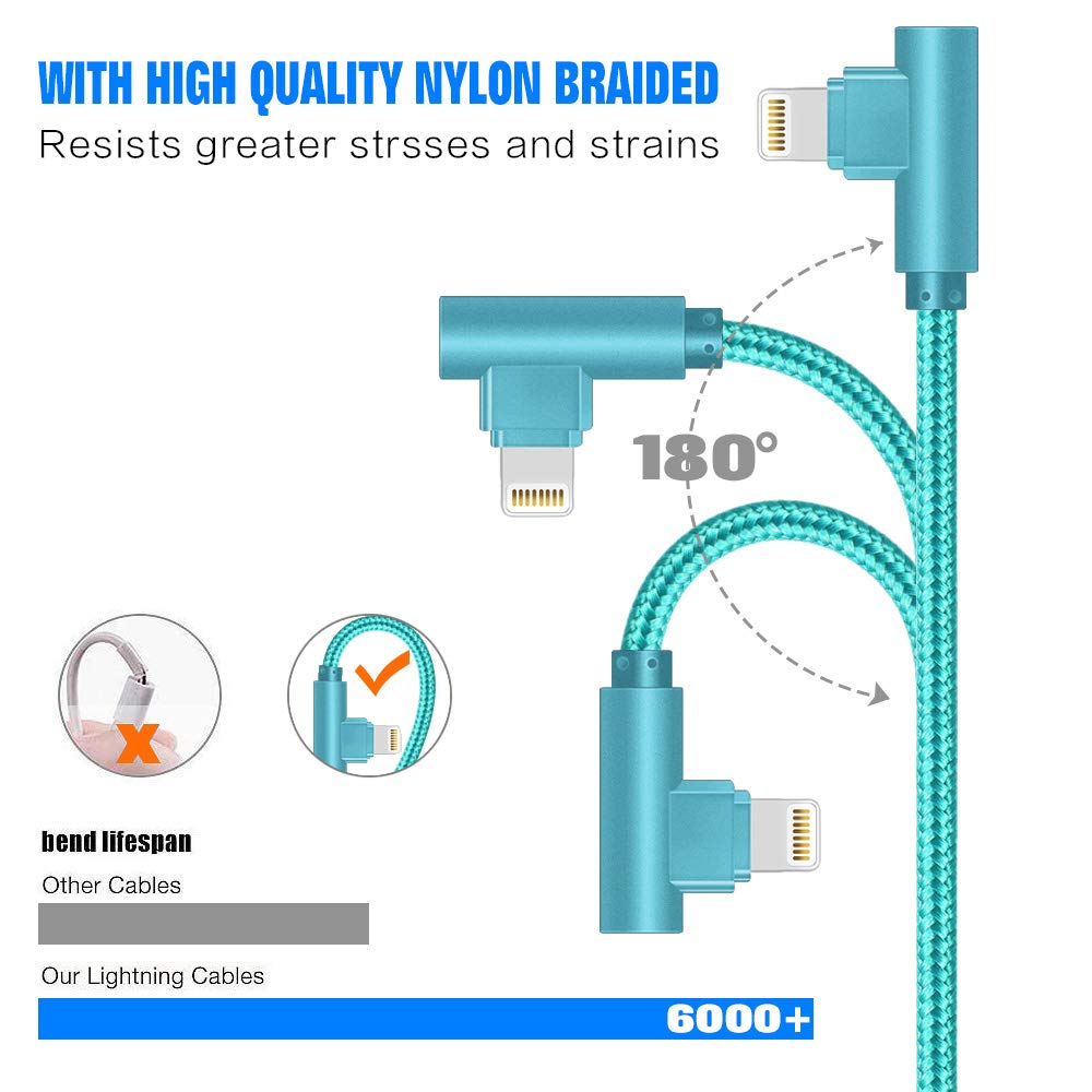 Shusel For Iphone Charger Cable Right Angle Lightning Cable 3Pack 90 Degree 6Ft Nylon Braid Charging Cord Fast Charging Compatib