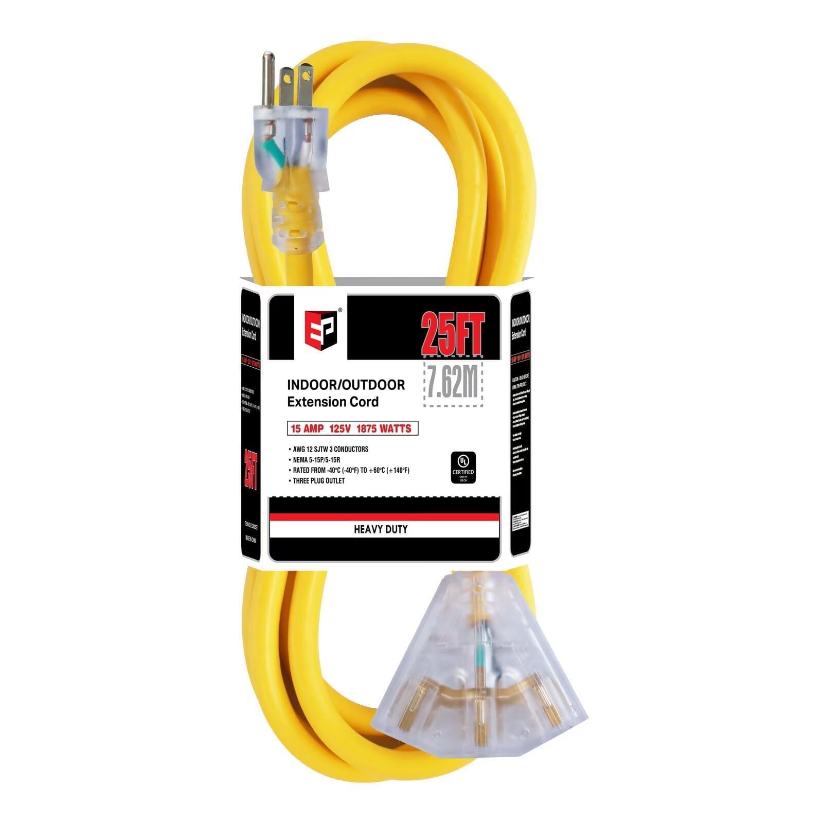 Ep 25 Ft 12 Gauge Heavy Duty Extension Cord, 15A 125V 1875W, 3 Outlet Indoor/Outdoor Power Cord With Lighted End, 12/3 Sjtw Weat