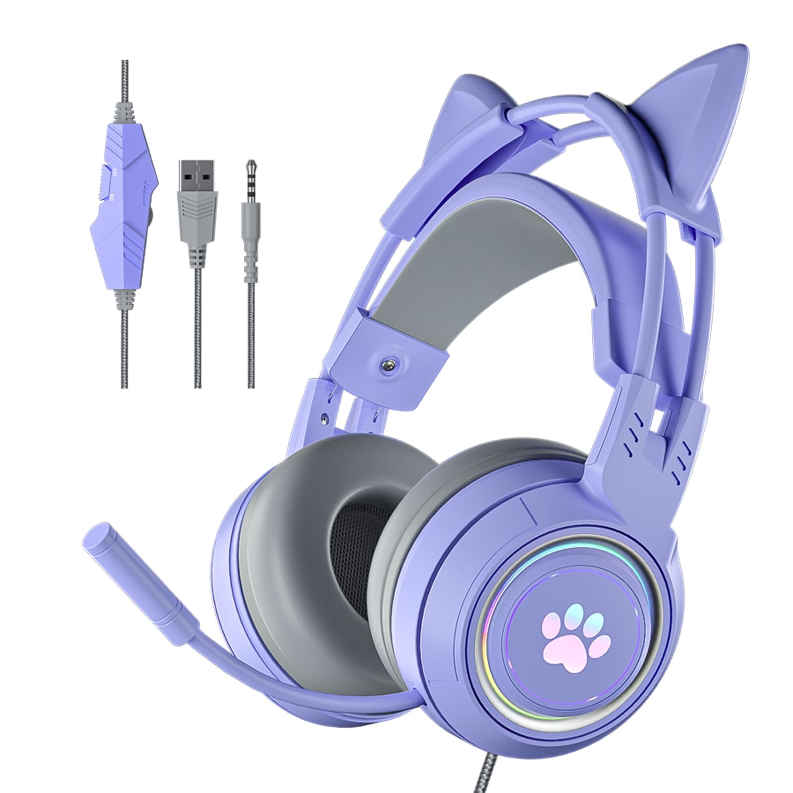 Xmenha Cat Ear Headphones Purple Gaming Headset with Mic for Switch Xbox One PS4 PS5, Cute Girl Kids Wired Headphones Light up K