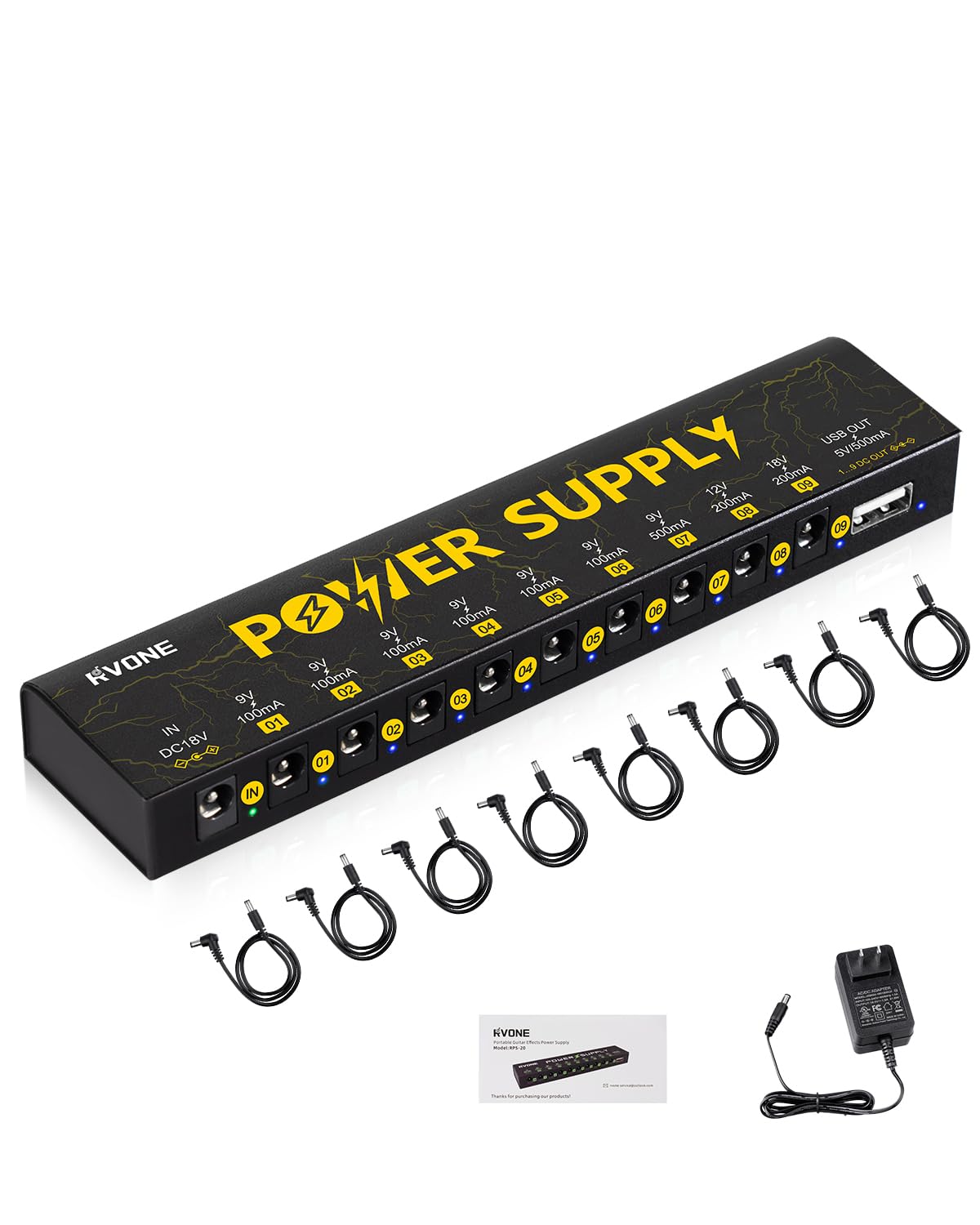RVONE Guitar Pedal Power Supply with 10 Isolated DC Outputs and USB, Short-Circuit Protection, Noise Reduction, Stable 9V/12V/18