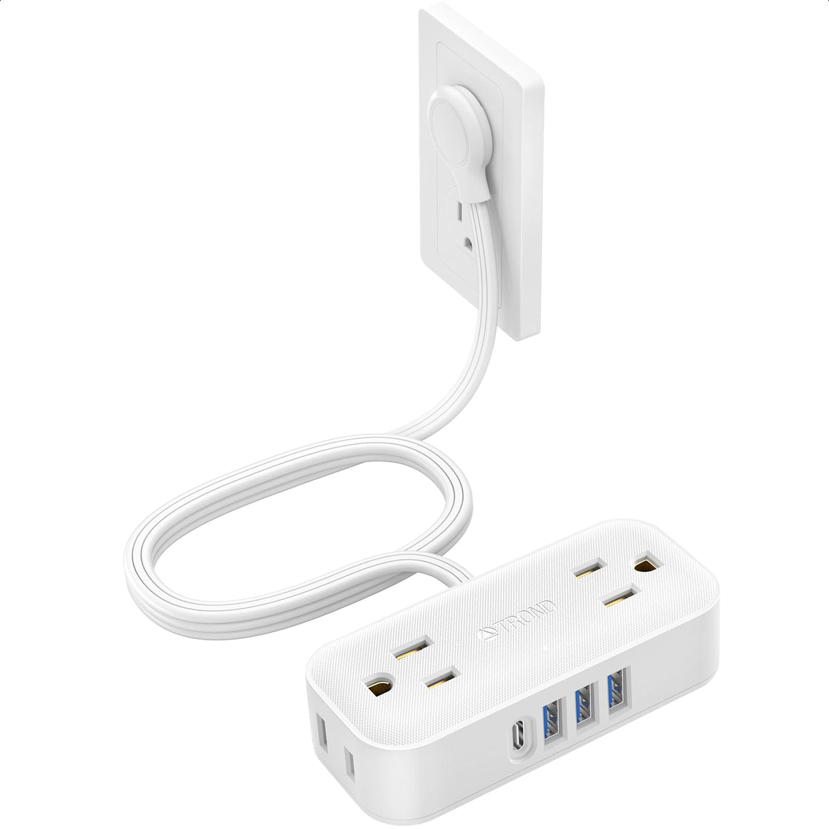 Trond Travel Flat Plug Power Strip With Usb Ports, 5Ft Flat Extension Cord With Multiple Outlets, Multi Plug Wall Outlet Extende