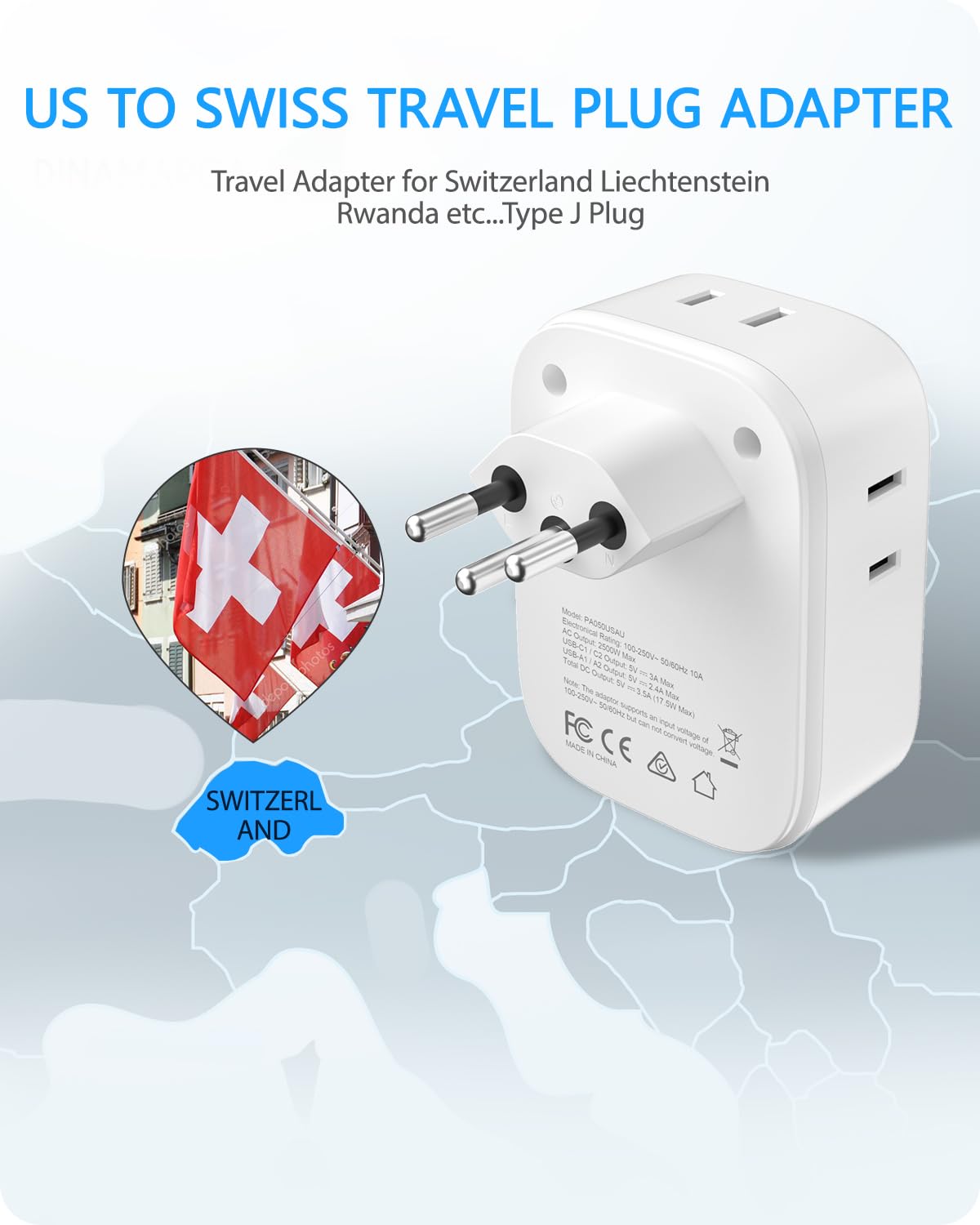 LENCENT Travel Plug Adapter - Type J Converter with 4 Outlets & 4 USB Ports, White, Model PA050USSW for Switzerland & Liechtenstein