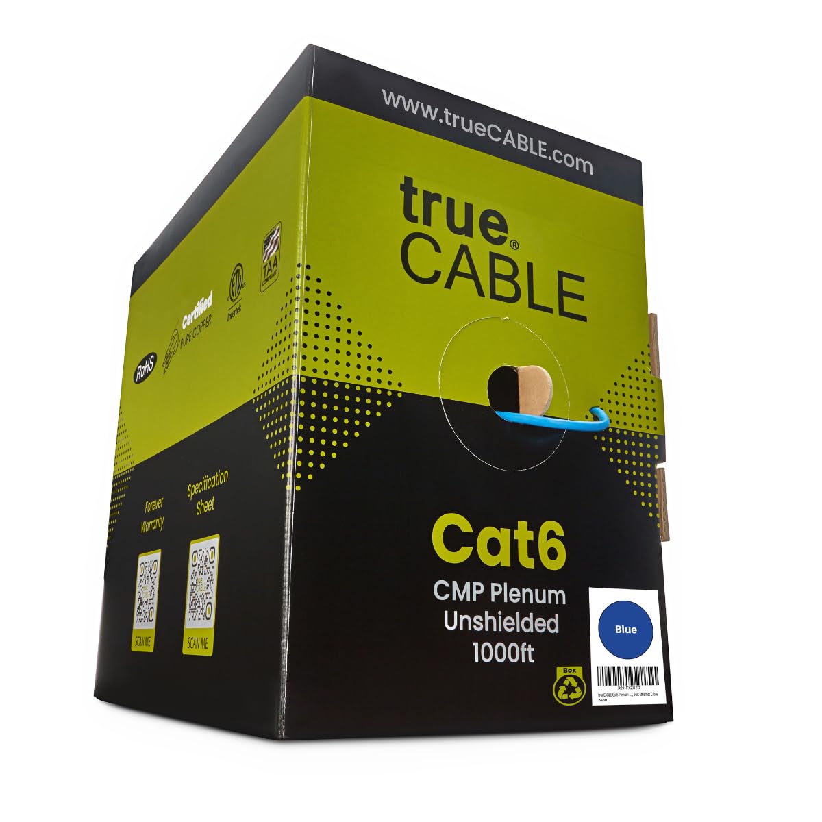 Truecable Cat6 Plenum (Cmp), 1000Ft, Blue, 23Awg 4 Pair Solid Bare Copper, 550Mhz, Poe++ (4Ppoe), Etl Listed, Unshielded Twisted Pair (Utp), Bulk Ethernet Cable