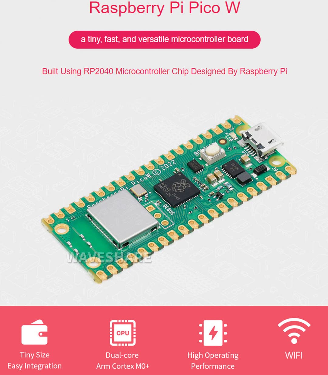 Waveshare Pre Soldered Header Raspberry Pi Pico W, Built In Wifi Support 2.4 Ghz Wi Fi 4, Based On Official Rp2040 Dual Core Pro