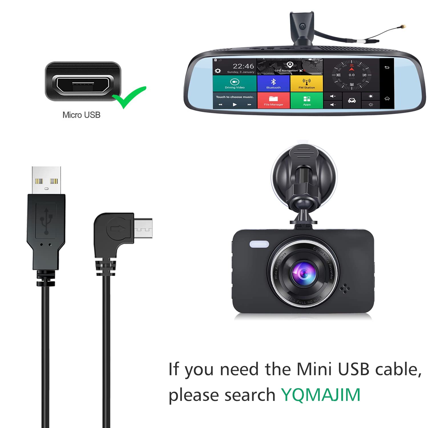 Yqmajim Charging Power Cable For Dash Cam, (11.5 Ft) Usb 2.0 To Micro Usb Car Vehicle Power Charger Adapter Cord For Gps Rearvie