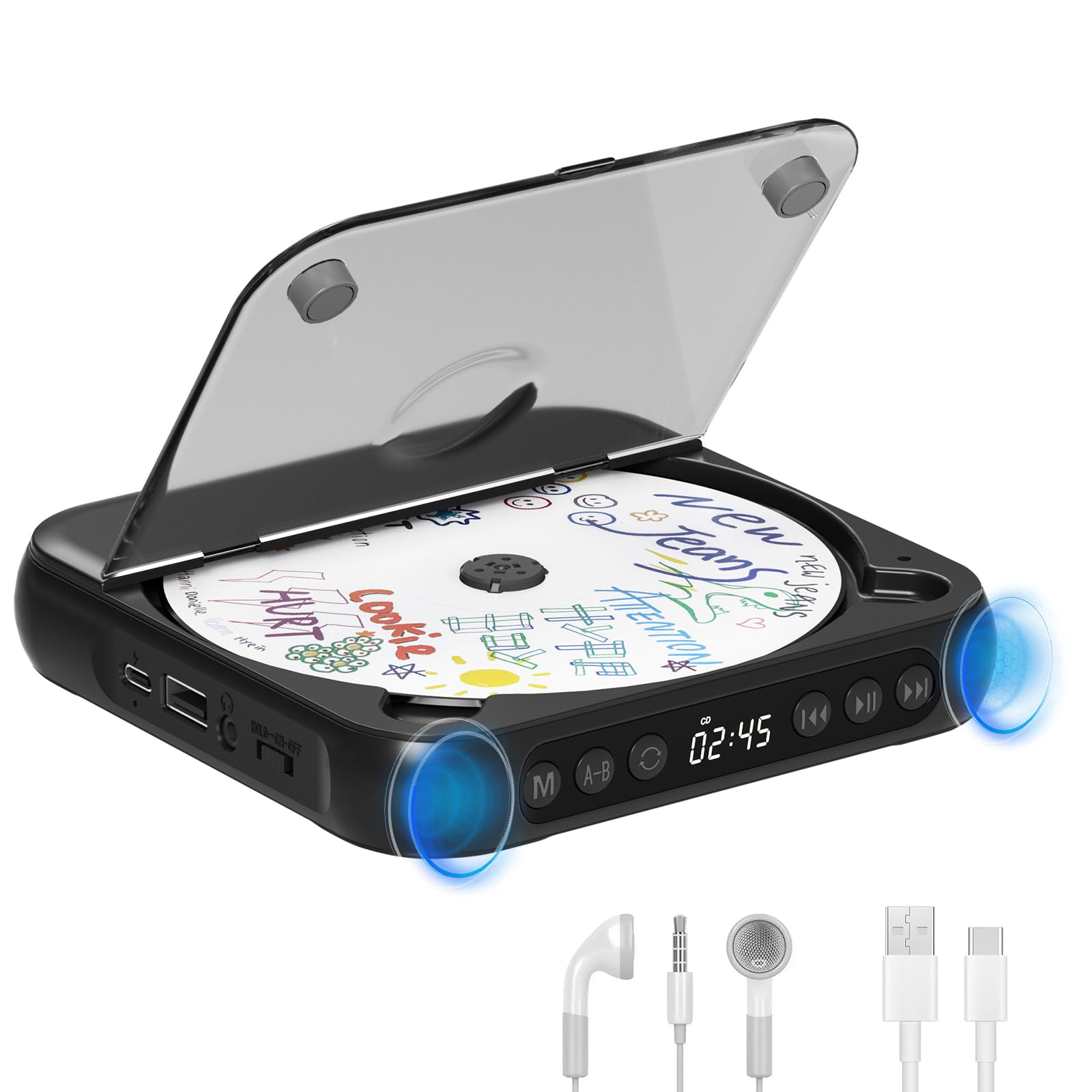 Portable CD Player with Bluetooth 5.3, Rechargeable CD Player for Home/Car, Built-in HiFi Speakers, Headphones, LCD Screen, Supp