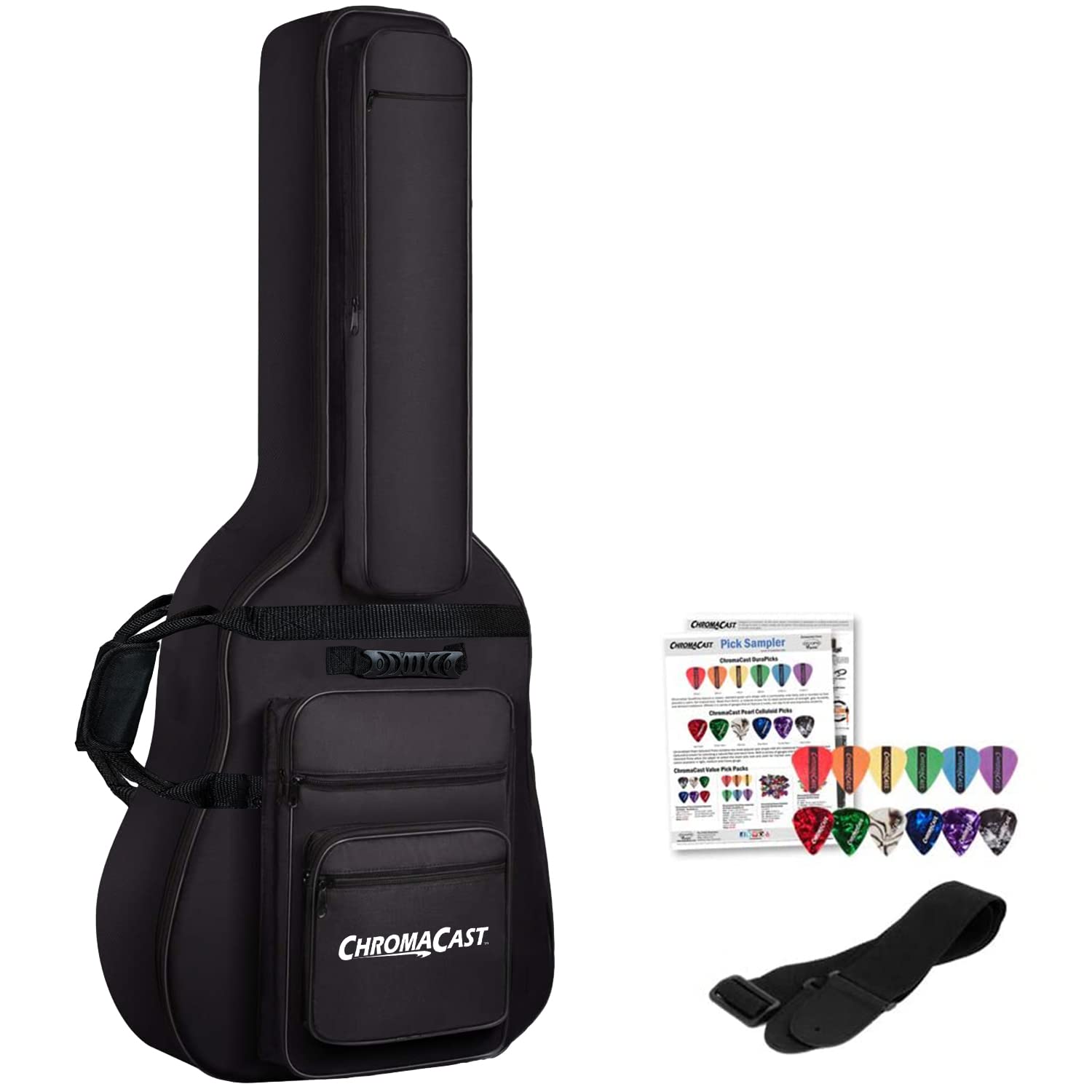 Chromacast Acoustic Guitar 6 Pocket Padded Gig Bag With Guitar Strap And Pick Sampler
