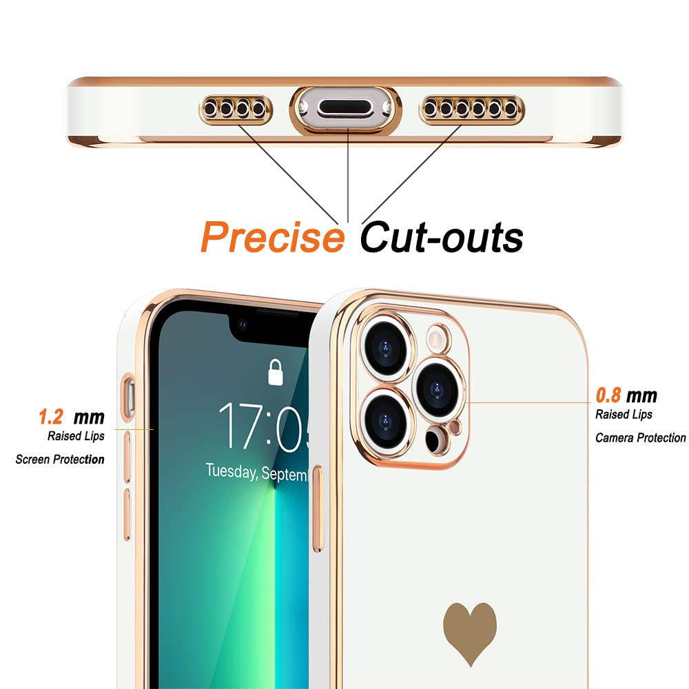 Teageo For Iphone 13 Pro Case For Women Girl, Cute Love Heart Luxury Bling Plating Soft Back Cover, Raised Full Camera Protectio