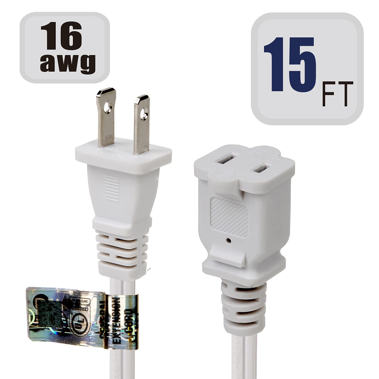 15 Feet (4.6Meter) Long Polarized White Us 2 Prong Male Female Extension Power Cord,16Awg 2 Prong Extension Cable 2 Prong Male/F