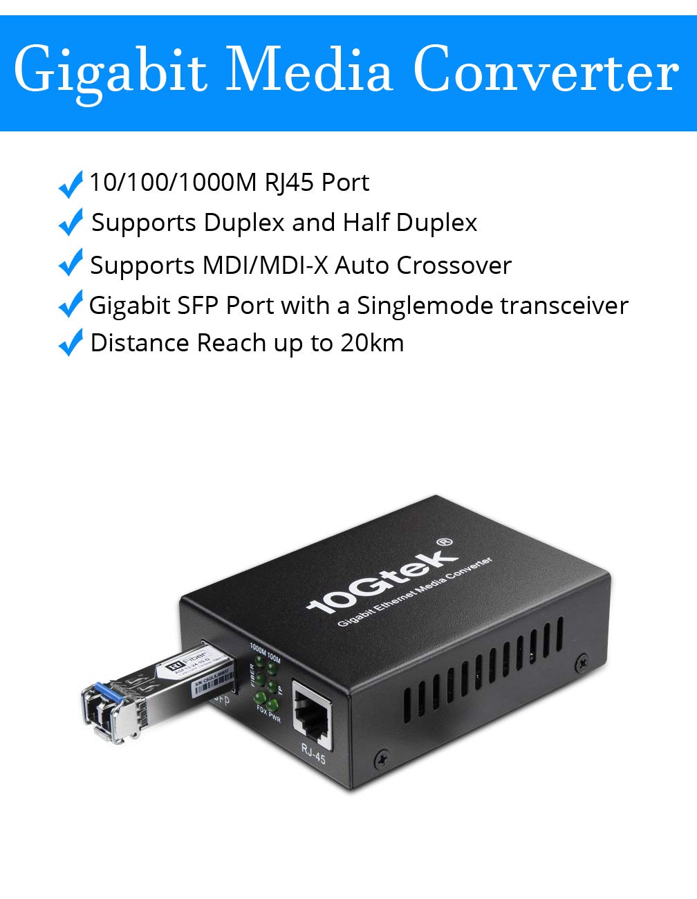 Fiber To Ethernet Media Converter, Gigabit Single Mode Sfp Lc Converter, 1000Base Lx To 10/100/1000M Rj45, Sfp To Rj45, Smf, 131