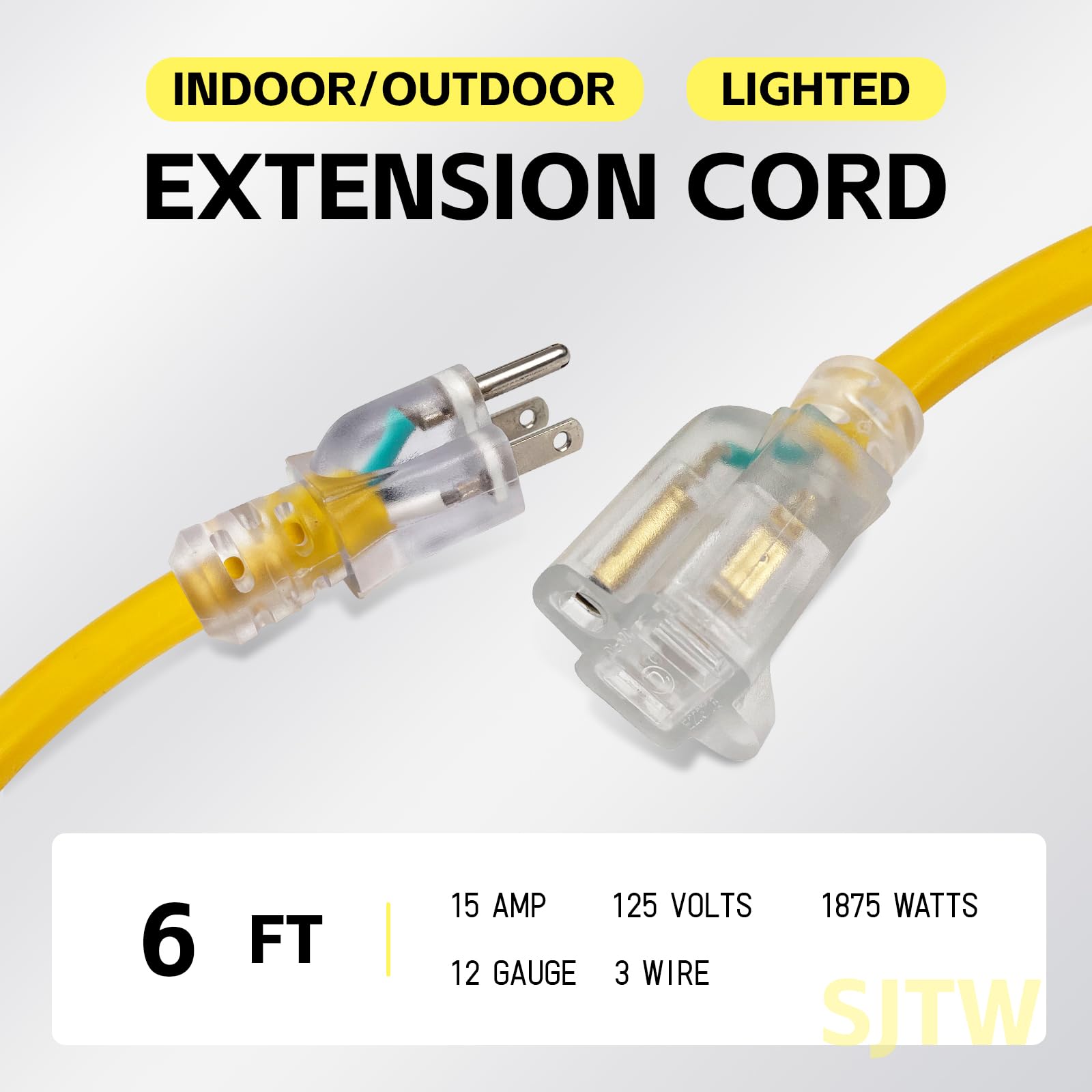 Ep 6 Ft Lighted Outdoor Extension Cord   12/3 Sjtw Heavy Duty Yellow Extension Cable With 3 Prong Grounded Plug   15Amp Power Co