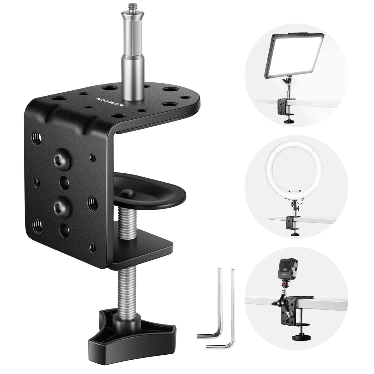 Neewer 2 Pack Heavy Duty C Clamp With Mounting Column For Light Stand, Adjustable Metal Desk Clamp With 1/4'' 3/8'' Screws For R